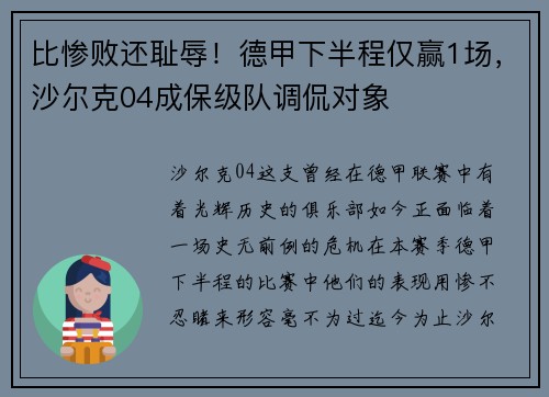 比惨败还耻辱！德甲下半程仅赢1场，沙尔克04成保级队调侃对象